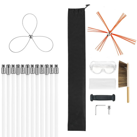 KFFKFF Chimney Sweep Kit, 39 ft Maximum Extendable Length Chimney Brush, Chimney Cleaner Sweeper with Dual Brush Heads & Bristle Replacements, Fireplace Cleaning Tool