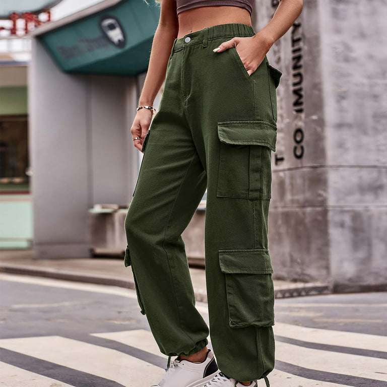 Stretch Cargo Pants for Women Solid Elastic Waist Denim Work Pants Multi  Pockets Comfy Streetwear Jogger Pants Loose Pants(S,Army Green) 