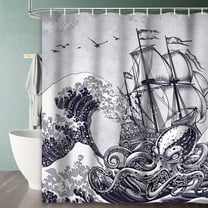 Octopus Nautical Shower Curtain Kraken Bathroom Curtain Grey and White Fabric Ocean Bathtubs Decor Hooks 72 X 72inch