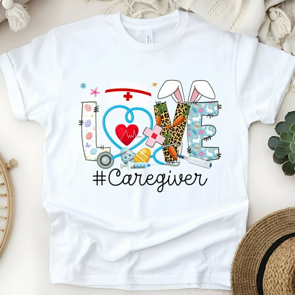 Love Caregiver T-Shirt | Nurse Graphic Medical Theme Tee, White, Size S