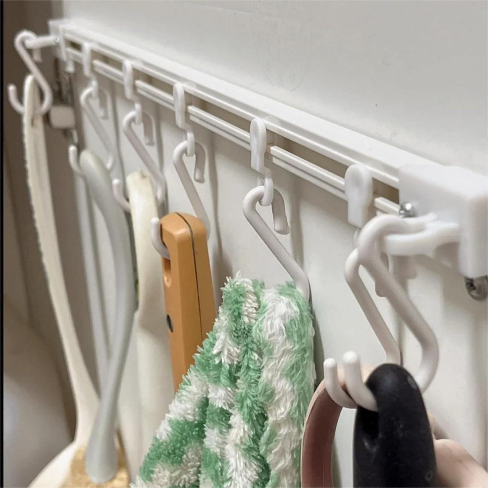 WOCACHI Multifunctional Slide Rail Hook Key Hook Track Wall Mounted Kitchen Utensil Rack with 10 Hooks Hanging Pot Rack Hanger Adhesive Coat Hook Rail Multi Purpose Rail Hook for Kitc