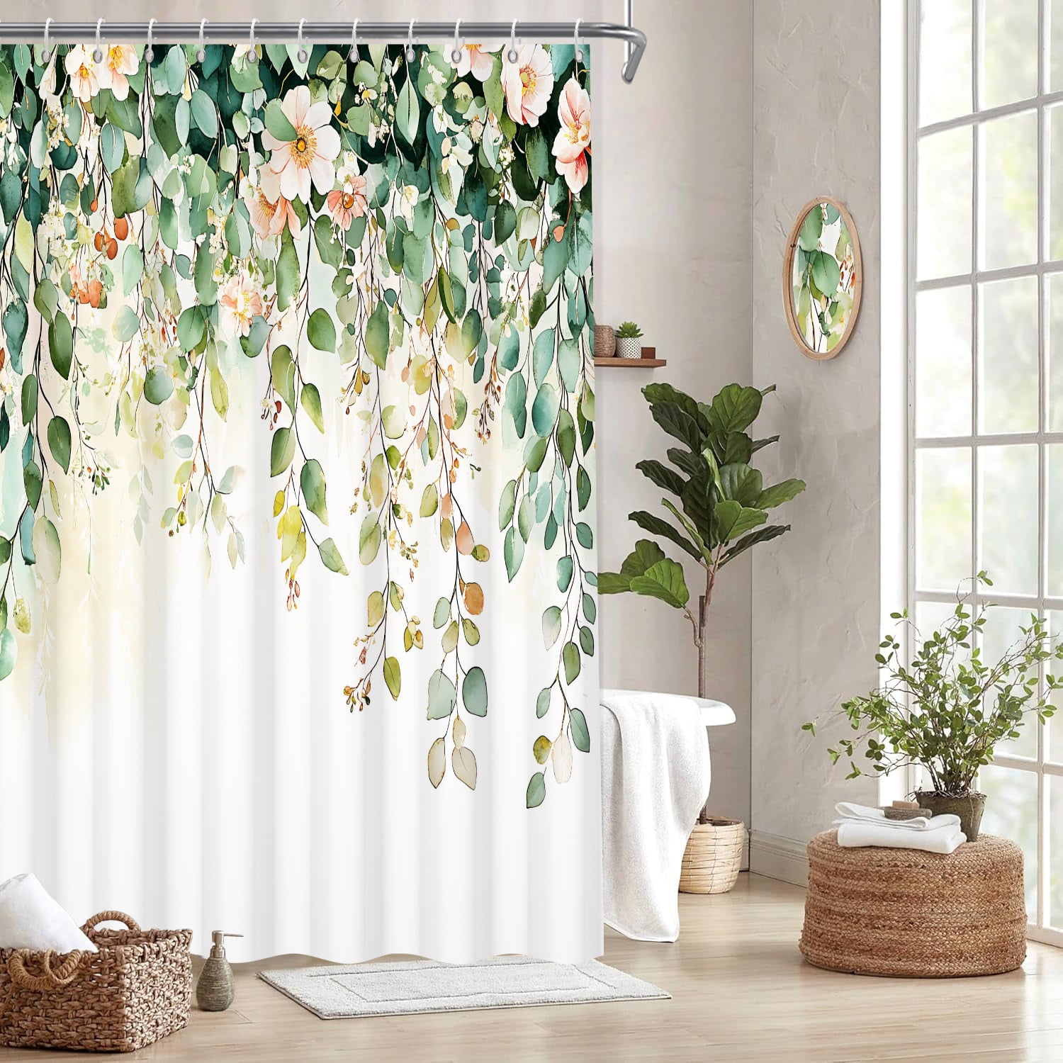 MIZHONA Green Leaves Shower Curtain,NaturePink Flower Bathroom Shower Curtain with Hooks,72Wx78L