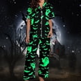thumbnail image 5 of Halloween Pajamas Women Casual Full Printed Silk Satin Short Sleeve Button Down Lapel Pocket Shirts Loose Straight Pants Comfy Sleepwear Fall Winter 2 Pc Womens Loungewear Set Green XXL, 5 of 7