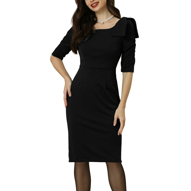 Vestido de tubo para mujer, informal, de negocios, cuello cuadrado, manga 3/4, vestido ajustado con lazo y volantes Negro S