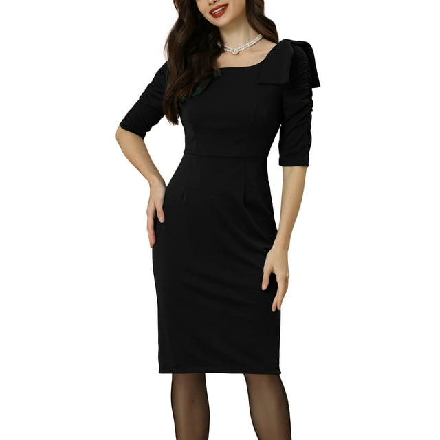 Vestido de tubo para mujer Allegra K Cuello cuadrado manga 3/4 Negro L