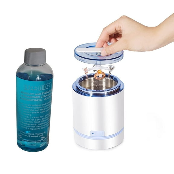 iSonic D1800-WS Ultrasonic Jewelry Cleaner, 600 ml, 110 V, 42,000 Hz, Includes 8 oz CSGJ01 Cleaning Solution Concentrate, White with Blue Trim