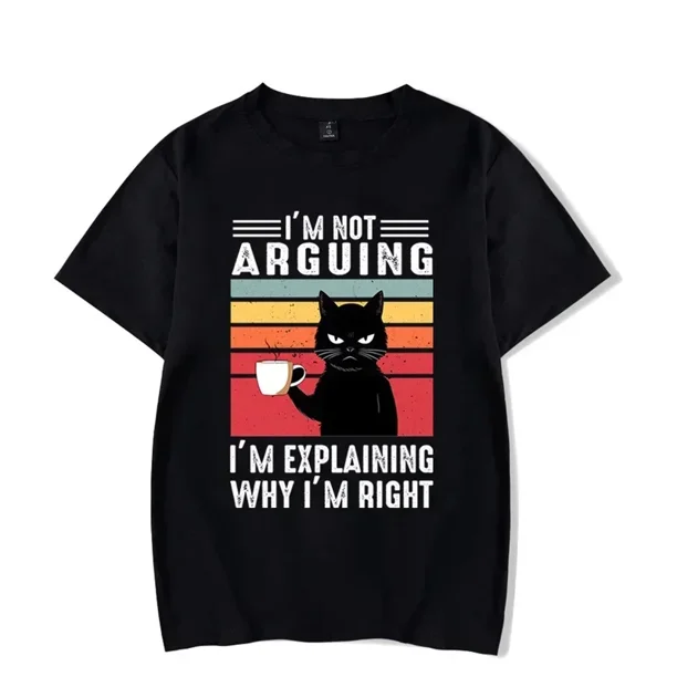 Camiseta de verano para hombre con estampado gráfico de gato negro "No discuto", divertida camiseta de manga corta con gato y café, ropa de gran tamaño para hombre