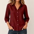 thumbnail image 2 of Women's 3/4 Sleeve Button Down Shirts Lapel Solid Color Cardigan Faux Cotton Linen Casual Loose Comfy Outwear (XL, Wine), 2 of 6