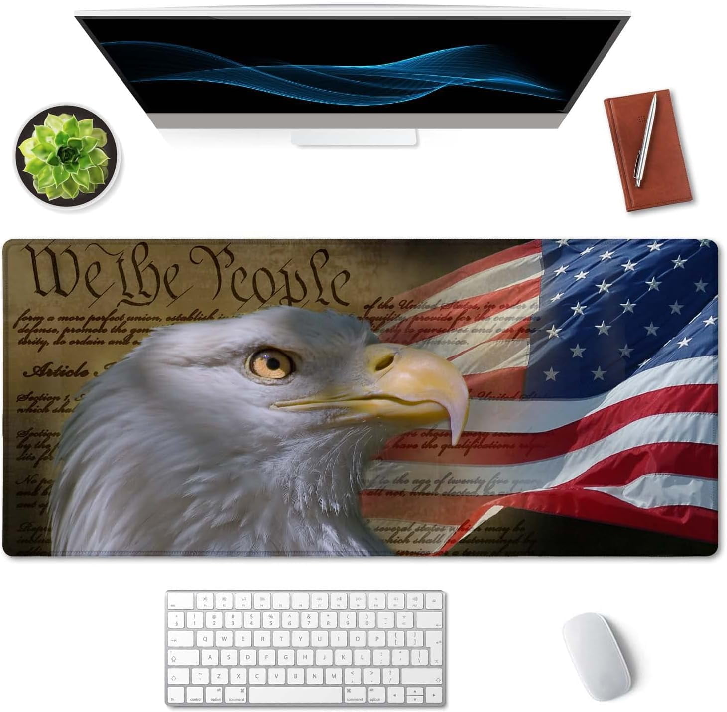 Bald Eagle on American Flag Mouse Pad 35.4 x 15.7 Inch XXL Full Desk Mousepad Extended Large Non-Slip Rubber Base Waterproof Big Keyboard Mat with Stitched Edges for Gaming and Office