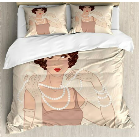 Old Hollywood Queen Size Duvet Cover Set, Curly Hair Brunette Flapper Girl Wearing Necklace and Headband, Decorative 3 Piece Bedding Set with 2 Pillow Shams, Beige Brown Ivory, by