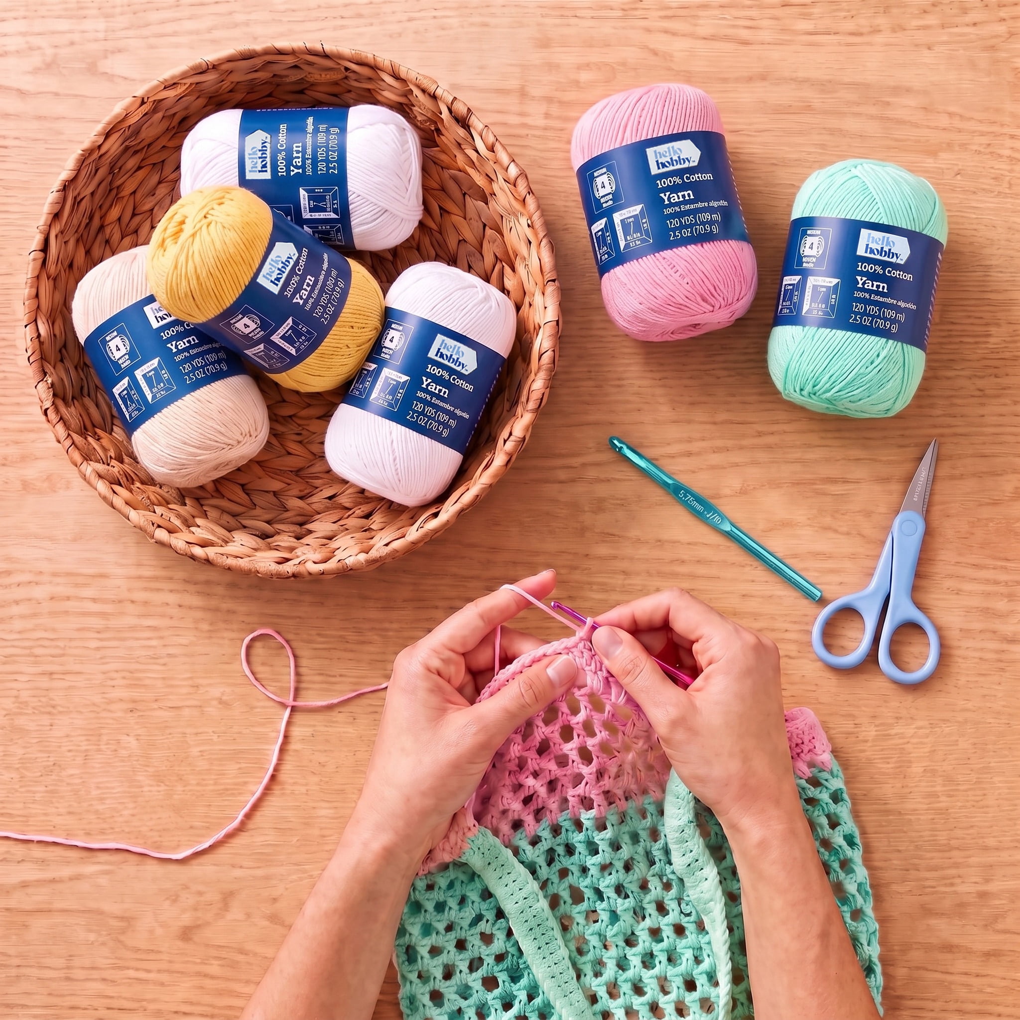 Hello Hobby Size 4 Medium Weight Cotton Mint Yarn, 2.5 oz, 120 yds