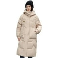 thumbnail image 5 of Winter Women Cotton Jacket Detachable Hood Neck Long Sleeves Pockets Knee Length Zipper Closure Padded Coat Solid Color Windproof Outwear Parka, 5 of 8