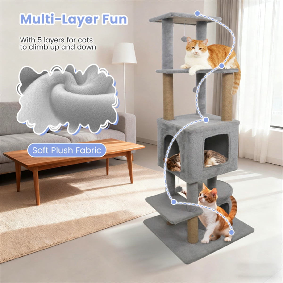 Light Gray 64 Inch Cat Tower with Plush Perches 3 Dangling Balls Jute Scratching Posts and Anti Tipping Device for Multi Cat Households