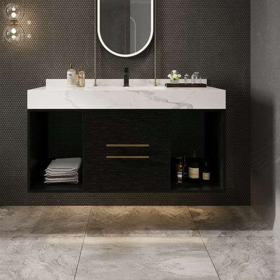 39.4'' Wall Mounted Bathroom Vanity with Ceramic Sink, Floating Vanity with 2 Soft Close Drawers and Slate Top, for Bathroom, White and Black