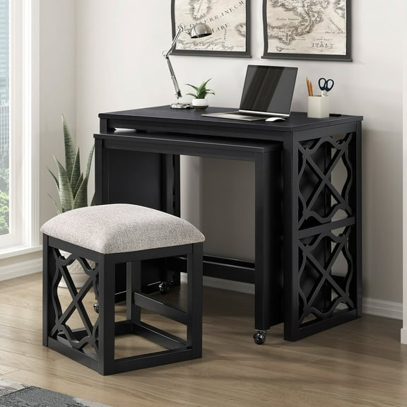 Newboti Furniture Desks and Stool Set 3pc Black Finish Rolling Desk with Casters, 2 Charging ports Home Office Furniture 48282