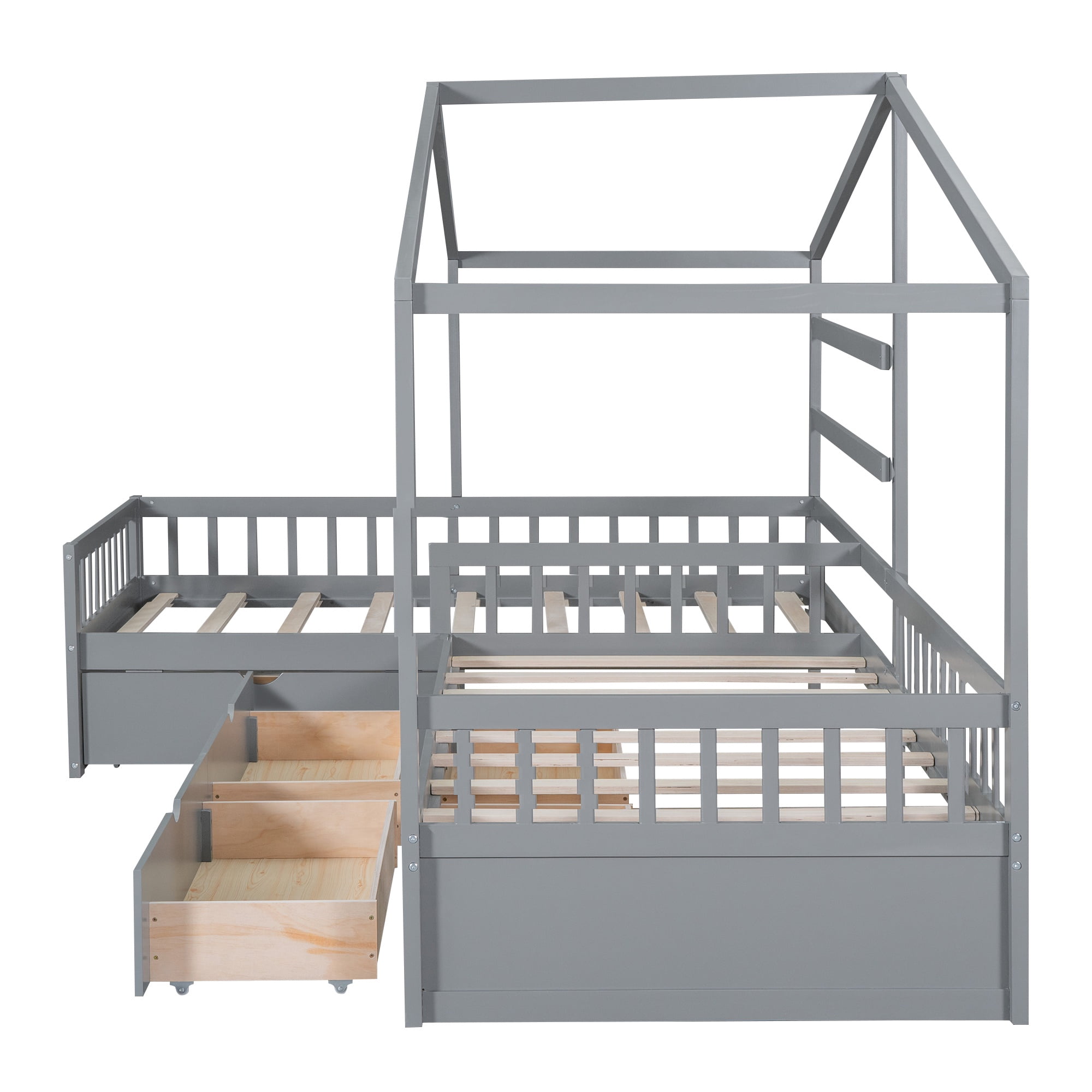 Bellemave House Bed Double Twin Beds, Wood L-Shape Twin Bed with 3 Storage Drawers, Montessori Bed with Roof and Fencefor Toddler Kids Girls Boys (Gray)