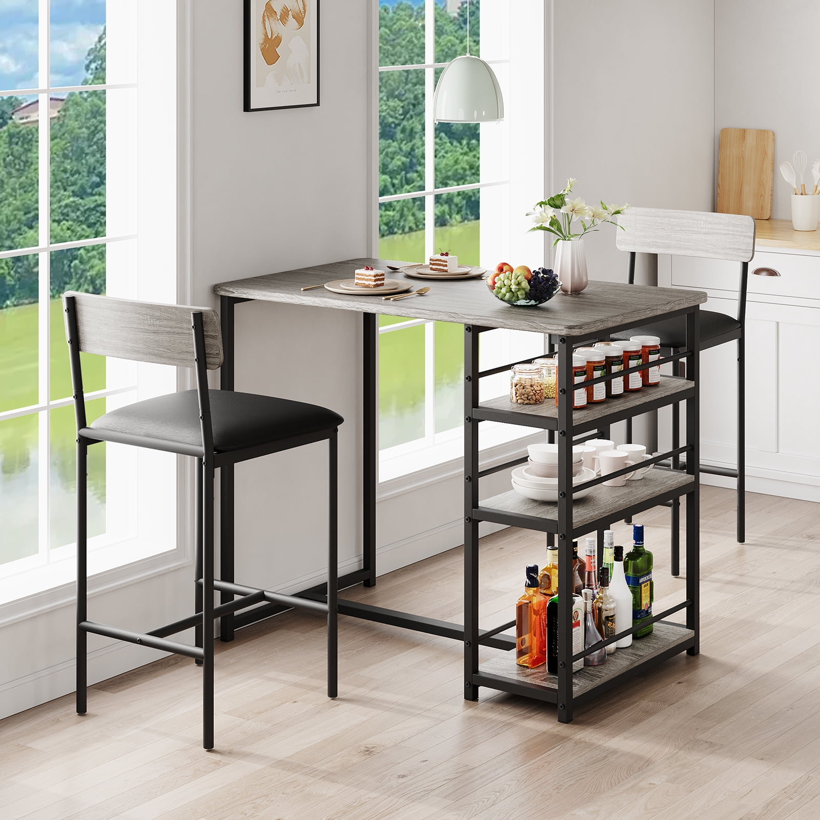 Bar Stools Set of 2, Upholstered Height Bar Stools with Backrest and Footrest, Kitchen Barstools for Island, Counter Bar, Easy Assembly, Grey