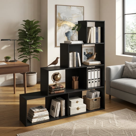GVN 4-Tier Modern Stepped Bookcase Storage Shelves with 6 Storage Cubes, Bookshelf Stand for Living Room, Bedroom, Office Room, Study Room, Black