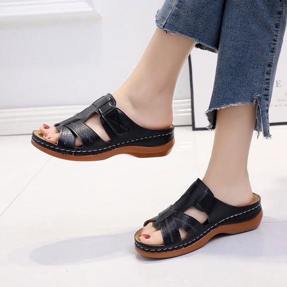 Walking Sandals Women Womens Dress Sandals Summer Shoes for Women Orthopedic Sandals for Women Arch Support Flat Slipper Platform Wedge Open Toe Soft Comfort Beach Outdoor Walking Shoes Black 5.5