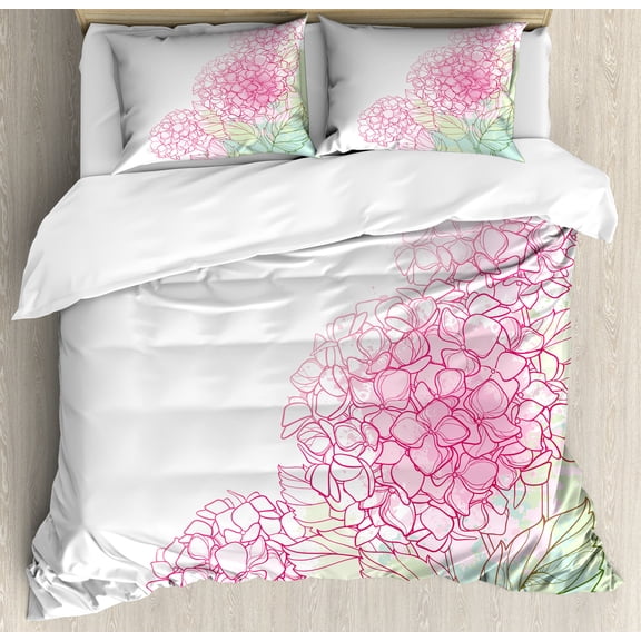 Hydrangea Duvet Cover Set, Summer Botanical Image of Grunge Paint Flowers, Decorative 3 Piece Bedding Set with 2 Pillow Shams, King Size, Pale Green Rose, by Ambesonne