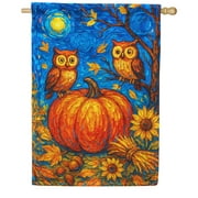 America Forever Starry Night Owls Pumpkin House Flag, 28 x 40 inch Double Sided, Van Gogh Style Fall Decor, Autumn Sunflower Banner, Halloween Harvest Yard Flag