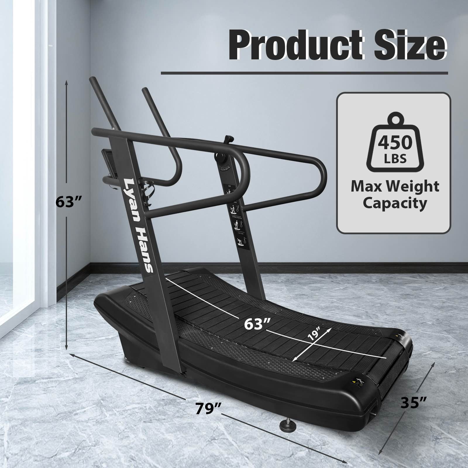 Curved Manual Treadmill, Non-Electric Curve Treadmill with 4 Resistance Levels, Self-Generated Air Runner with LCD, Commercial Motorless Treadmills for Home Gym, 450LBS Capacity, Black