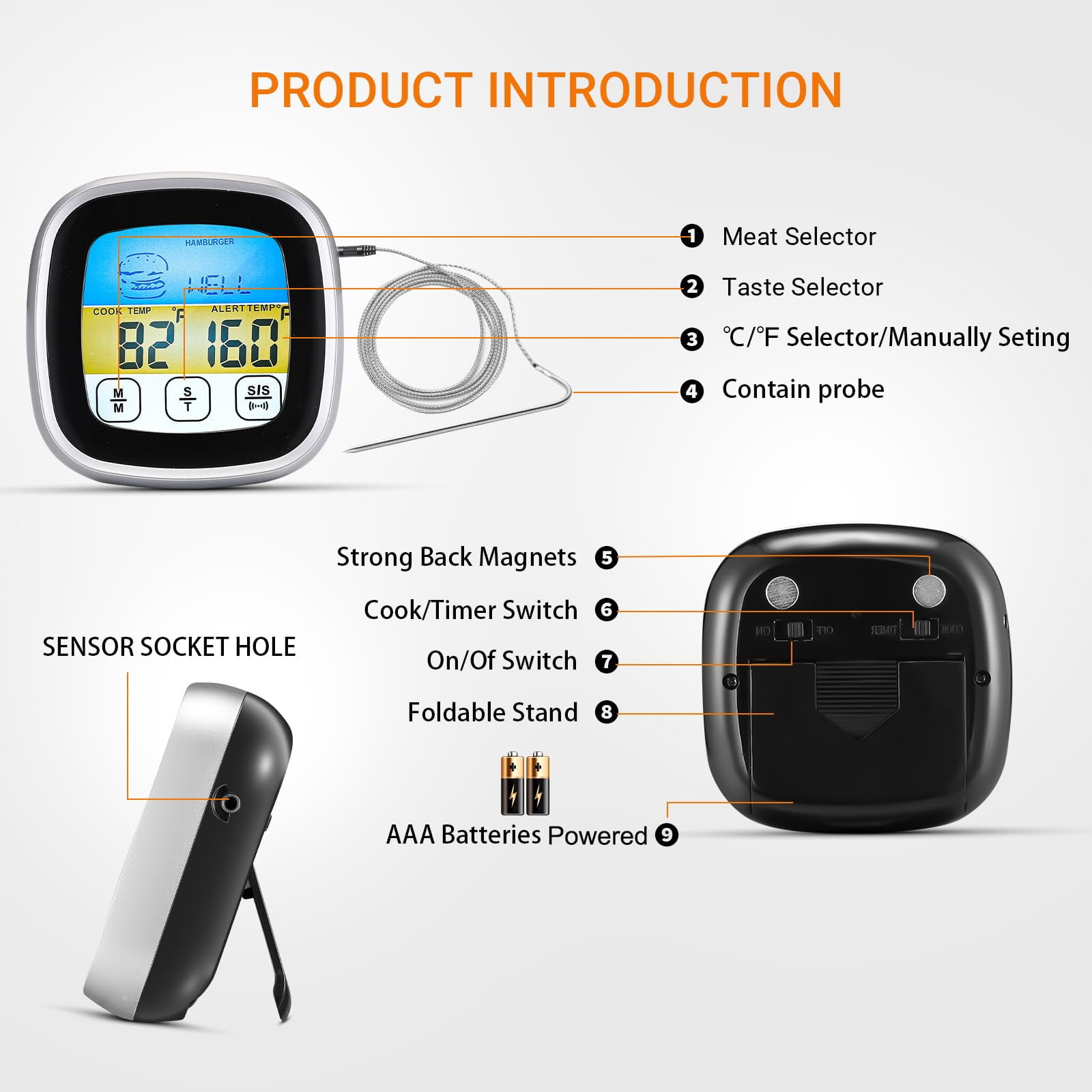 Digital Touchscreen Food Thermometer for Meat Poultry Fish Cooking in Frying Pan Smoker Oven BBQ Grill with Sensitive Color LCD Display Best Taste Results (Upgraded black version)