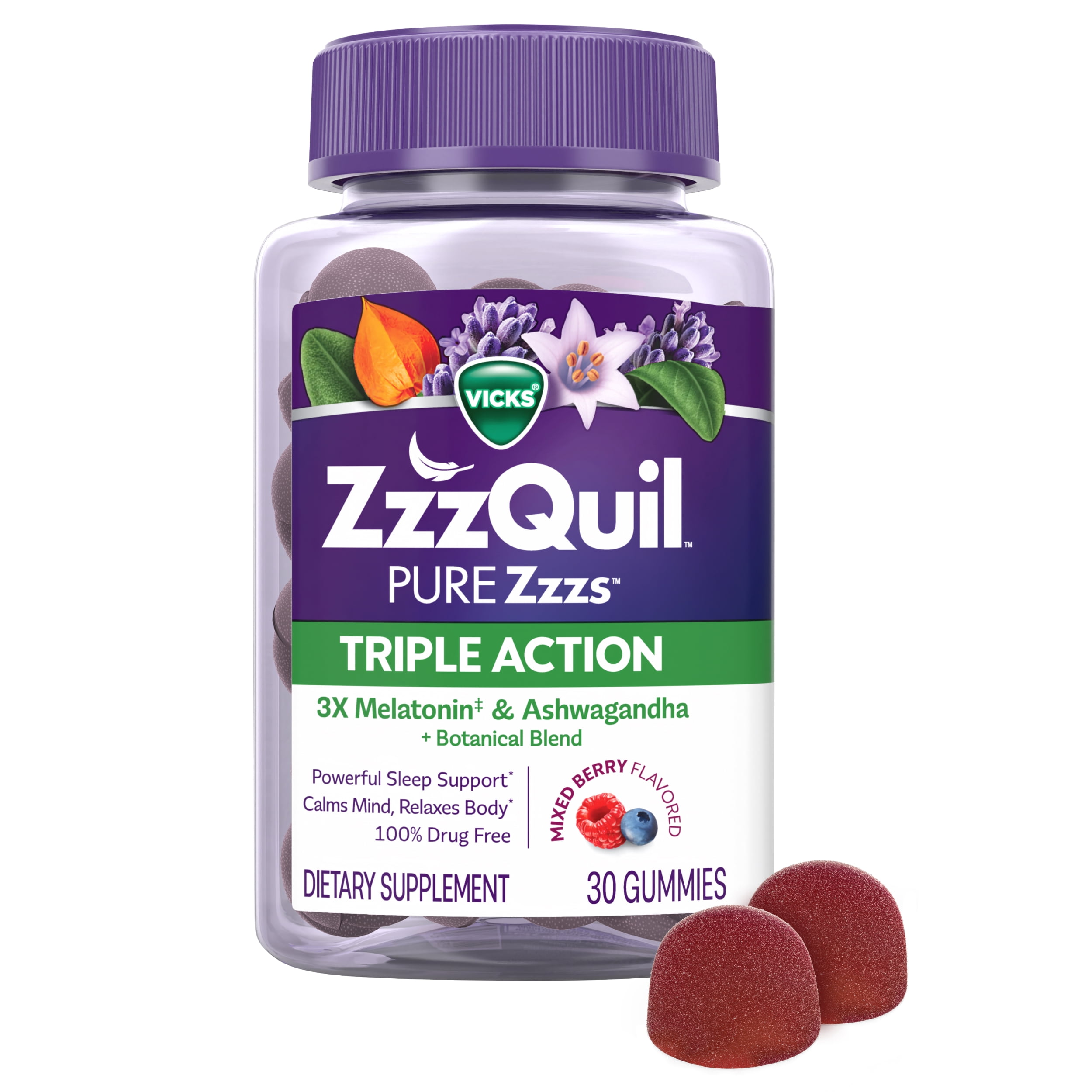 (3 pack) ZzzQuil PURE Zzzs Melatonin Triple Action with Ashwagandha, Melatonin 6mg, 30 Gummies