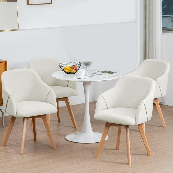 Set of 4 Mid Century Modern Dining Chairs with Arms, Swivel Accent Desk Chairs, Fabric Upholstered Kitchen Dining Room Chairs with Wood Legs, Beige