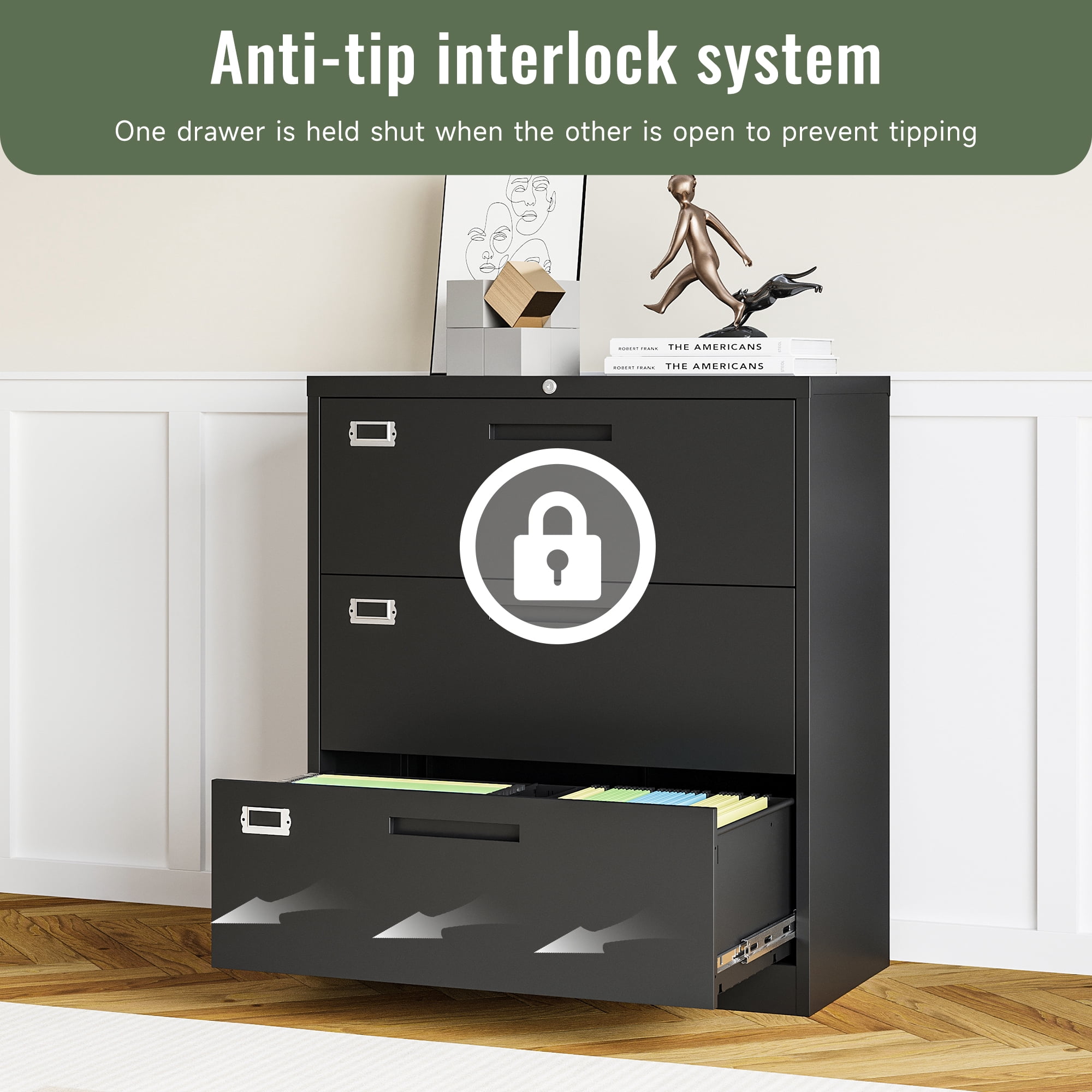 AUHUP 3 Drawer File Cabinet with Lock, Metal Lateral Filing Storage Cabinet Fits Letter/Legal/F4/A4 Size, File Cabinets for Home Office (Black-Assembly Required)