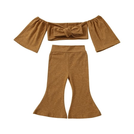 

Fesfesfes Toddler Baby Girls Cute Solid Color Off Shoulder Bow Top Flared Pants Suit