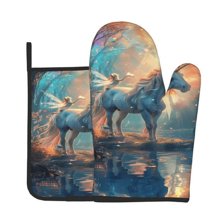 

Xecao Forest Lake White Horse Pattern Oven Mitts and Pot Holders Sets Heat Resistant Silicone Oven Mittens Extra Thicken Long Kitchen Cotton Oven Glove for Cooking