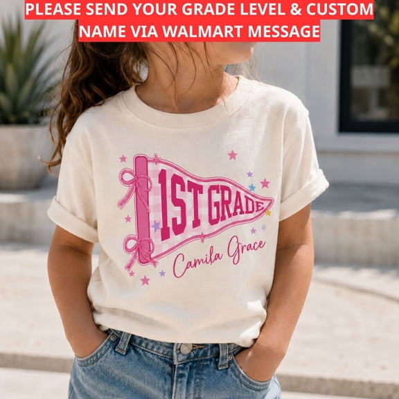 Back To School Shirt, Custom Grade Name Pennant Tee, Pink Bow First Day Of School Outfit, Cute Classroom Gift