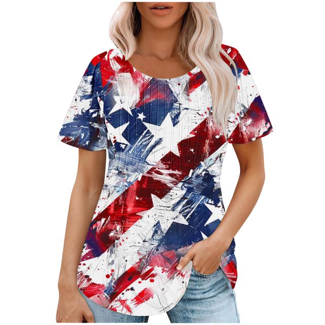 Fiudx Liquidación de Ahorros de Verano Tops Estampados Informales de Manga Corta con Cuello Redondo y Estampado Del Día de La Independencia para Mujer