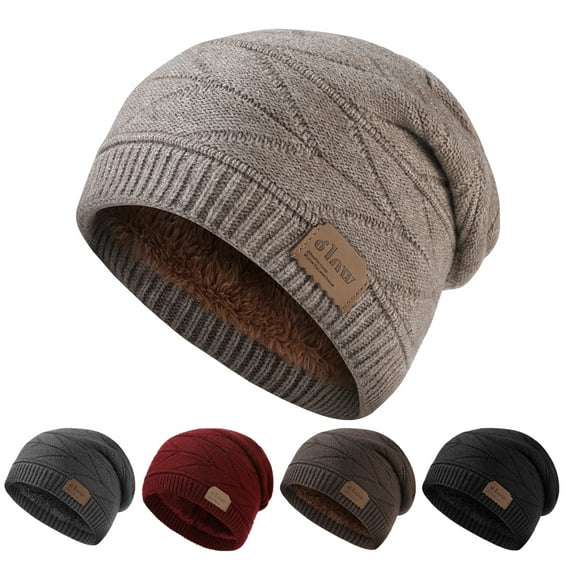 sunsanly Winter Men Hat Knitted Stretchy Piled Hat Thick Plush Lining Solid Color Ear Protection Warm Daily Wear Cap Outdoor Skiing Skating Headwear