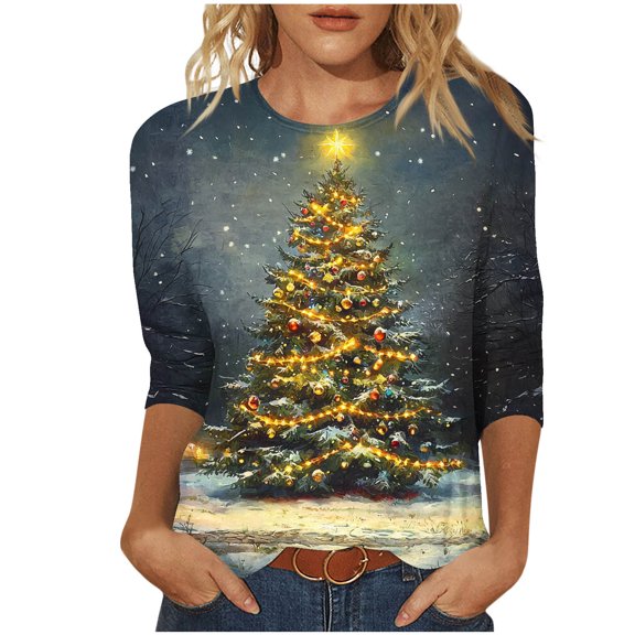 bnaln Christmas Sweatshirts for Womens Tops Dressy Casual Blouses Xmas Tree Red Wine Glasses Printed Tshirts 3/4 Sleeve Crewneck Loose Fit Pullover Tunic Tops to Wear with Leggings