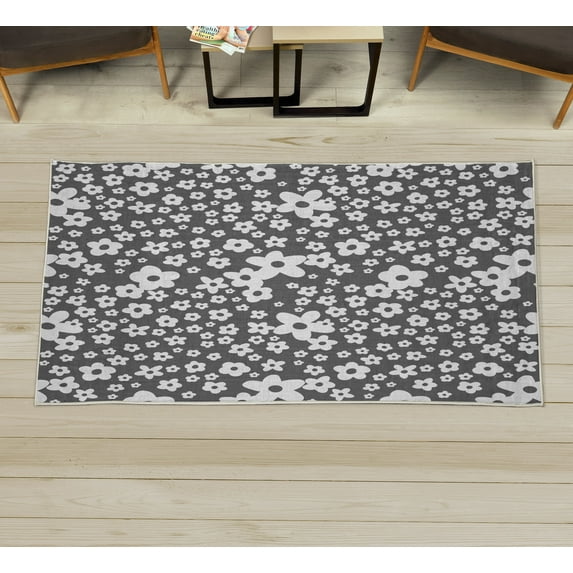 Floral Decorative Rug, Graphic Daisy Blossoms Design Colorful Background Spring Flowers Art, Quality Carpet for Bedroom Dorm and Living Room, 6 Sizes, Dark Grey, by Ambesonne