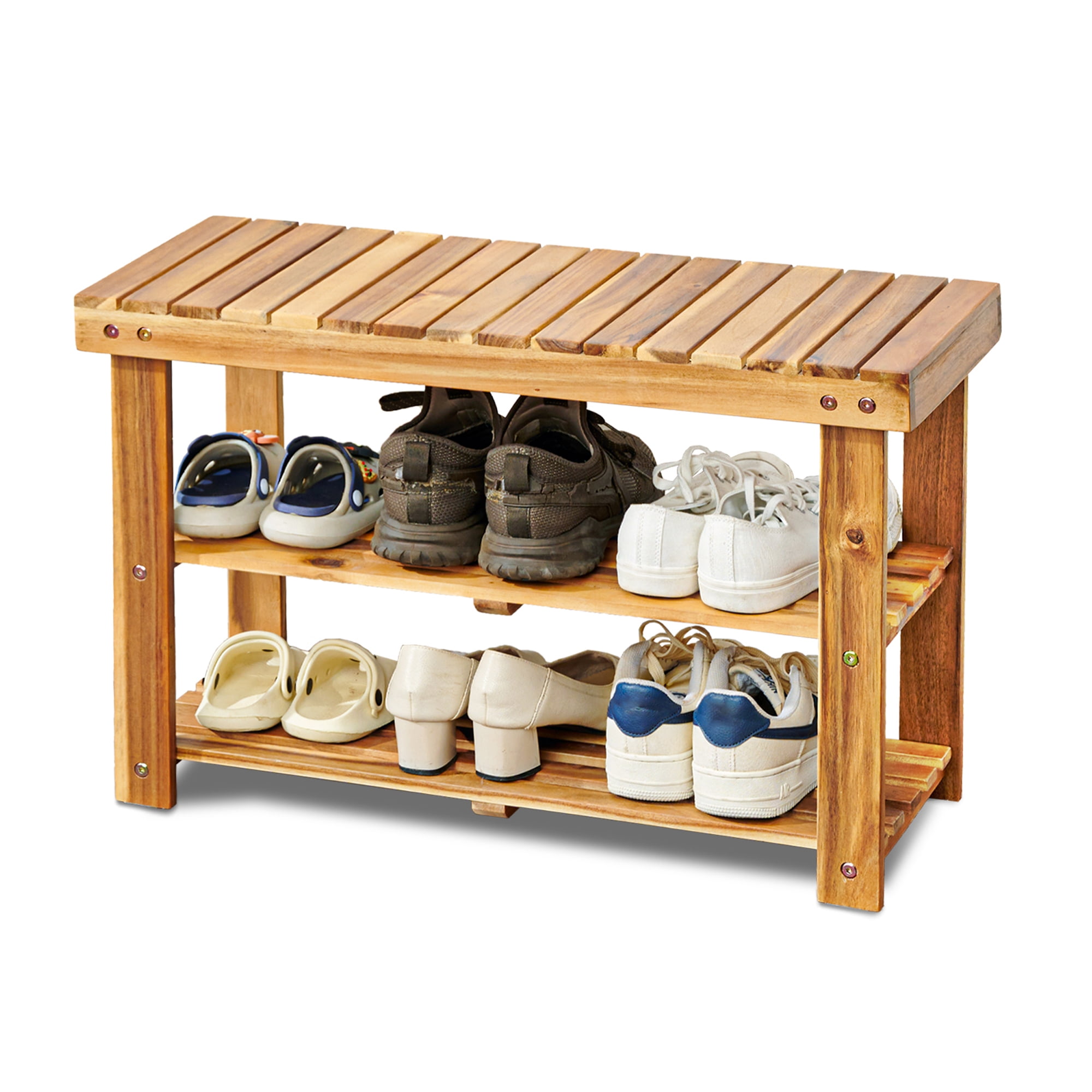 Yoneston Solid Wood Shoes Rack Bench, 3-Tier Storage Rack Organizer for Entryway Bathroom and Hallway, Natural Brown