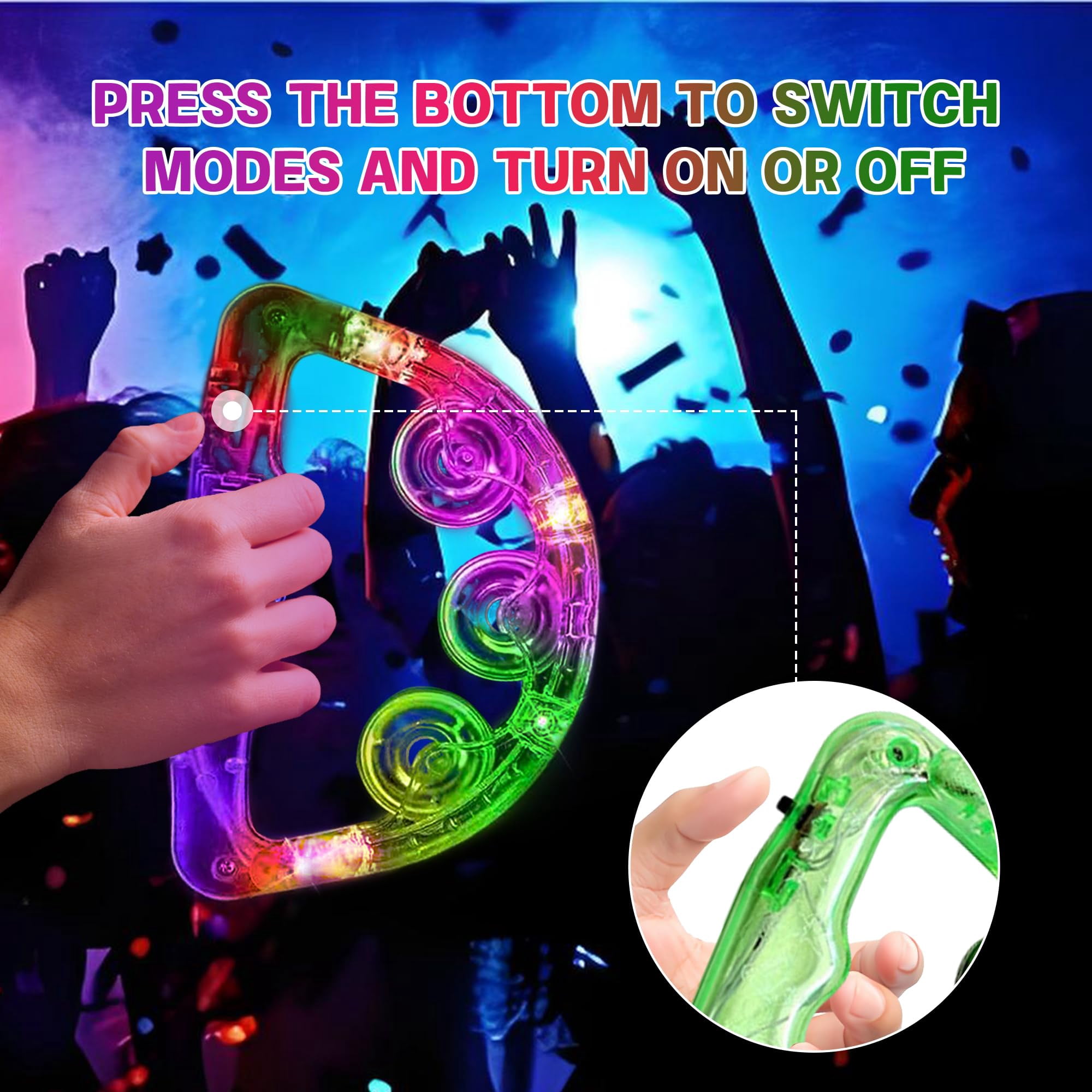20 Pack Light Up Led Tambourine Glow In The Dark Handheld Percussion Musical Flashing Party Supplies For Adults Wedding Dance Floor Props Birthday Anniversaries Gifts (random Color)