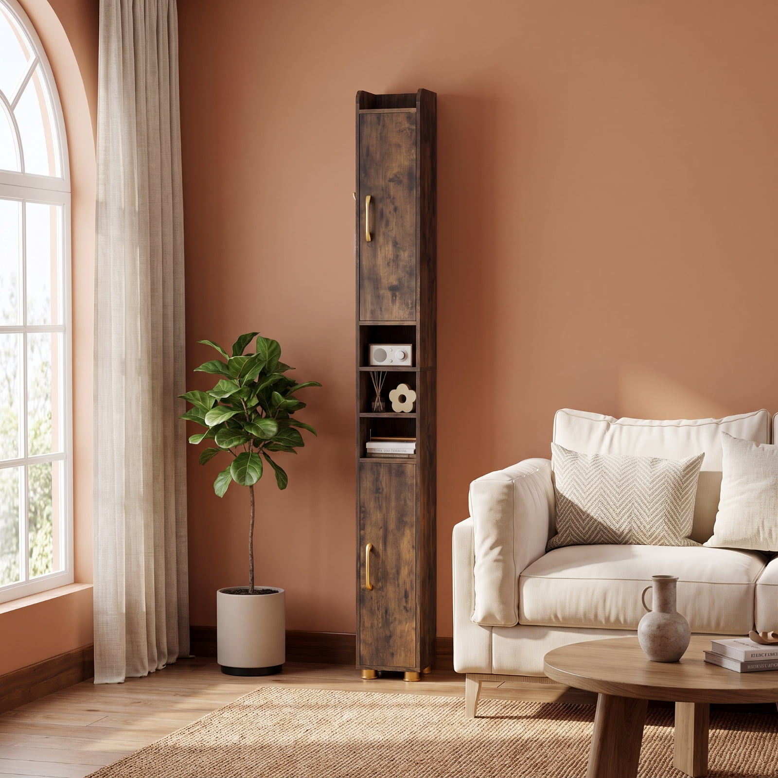Vebreda Narrow Bathroom Storage Cabinet, Tall Freestanding Slim Cabinet with 2 Closed Cabinets, Open Shelves and Toilet Paper Holder, Adjustable Shelves and Hook, Rustic Brown
