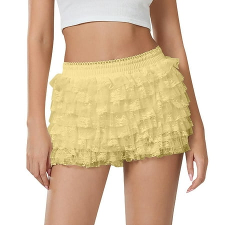 XJDJHC Women s Shorts 2025 Women Cute Ruffle Shorts Lace Pumpkin Pants Sexy Boyshorts Layered Bottoms Sweet Pants Comfy Beach Shorts