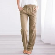 Summer Pants For Women Casual Lightweight Women Casual Cotton And Linen Solid Drawstring Elastic Waist Long Straight Pants Khaki M