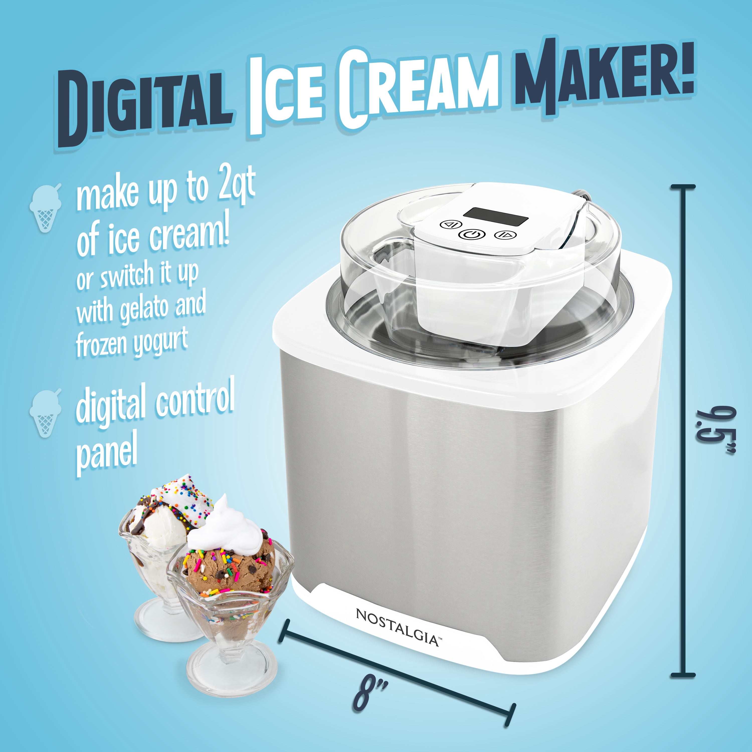 Nostalgia 2-Quart Electric Ice Cream Maker – Make Homemade Ice Cream, Gelato, Sorbet & Frozen Yogurt – No Salt/Ice Needed, Digital Controls, Mix-In Chute & Freezing Gel Canister – White