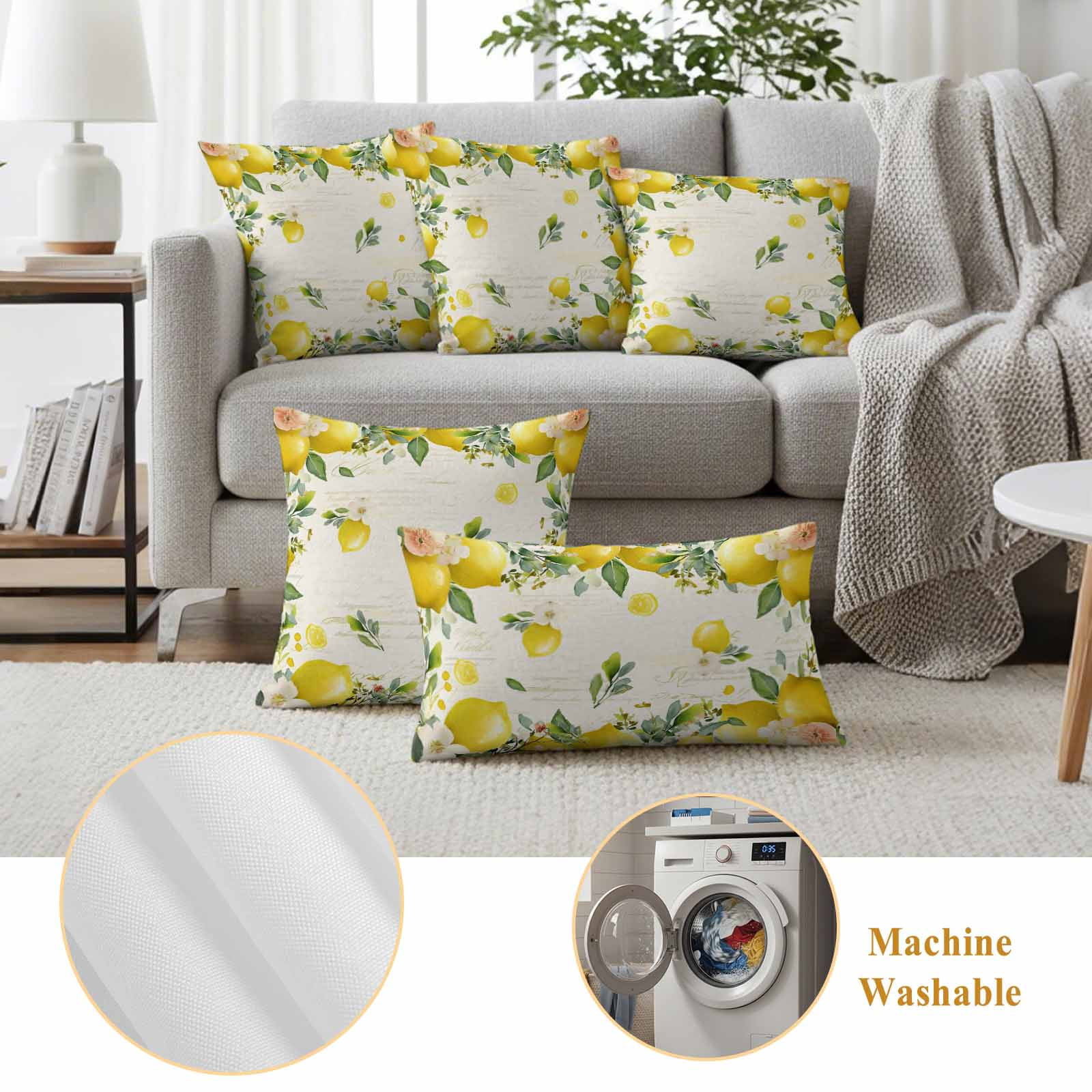 Vintage Lemon Outdoor Waterproof Pillow Covers, Summer Fruit Rustic Botanical Floral Decorative Square Throw Pillowcase Sofa Cushion Sham for Patio/Couch/Chair, 16"x16" 2 Pack