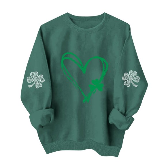LEKWK St Patricks Day Tshirt Women Regular Fit Crew Neck Sweatshirts Long Sleeve Tops Sparkly Shamrock Beer Glass Graphic Party Wear