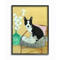 Stupell Industries Dog On Chair Yellow Green Pet Painting Framed Wall Art by Sally B, 11" x 14", Black Framed