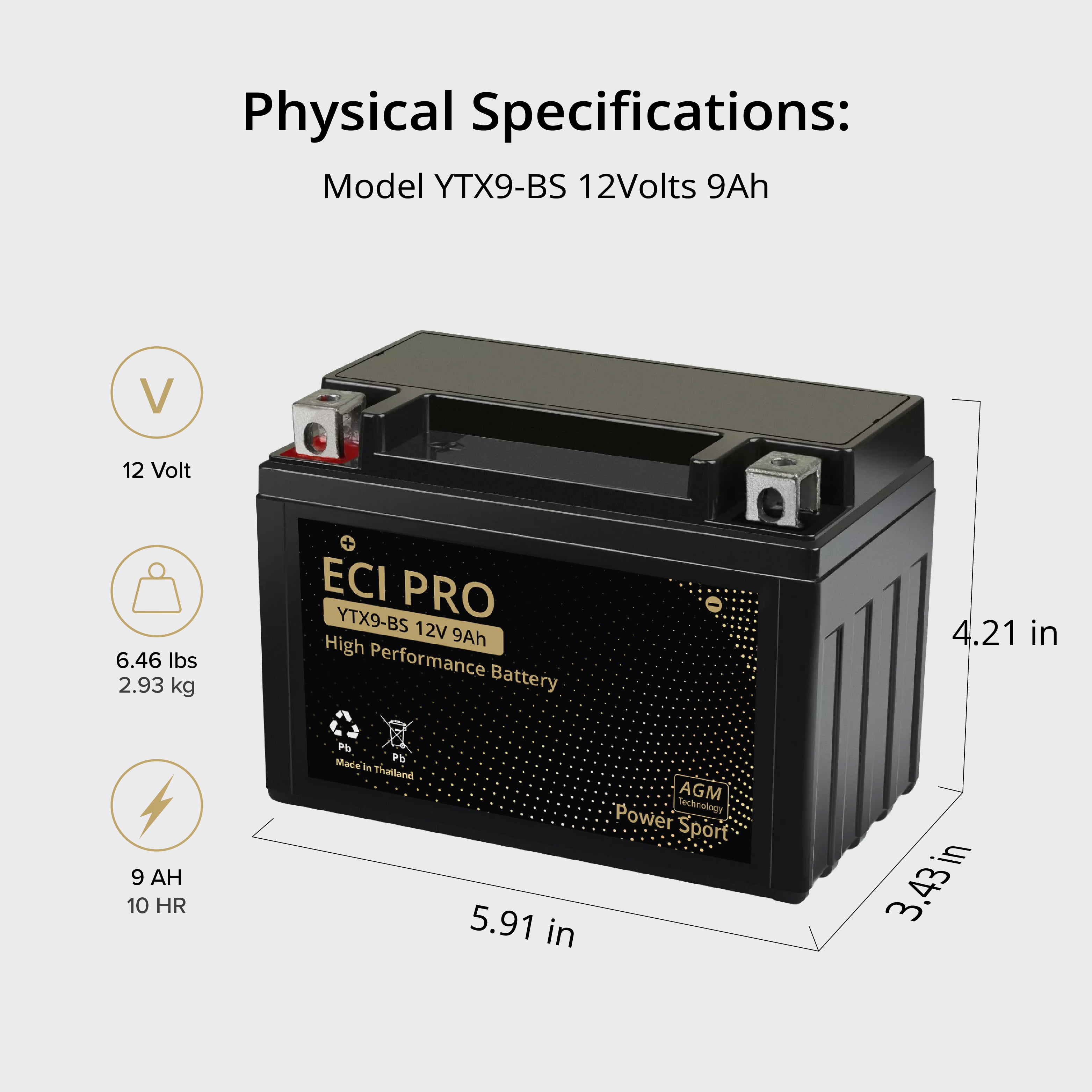 ECI Pro 12V 9Ah Motorcycle Battery YTX9-BS – 180CCA Sealed Lead Acid Battery for Honda, Kawasaki, Suzuki, Yamaha