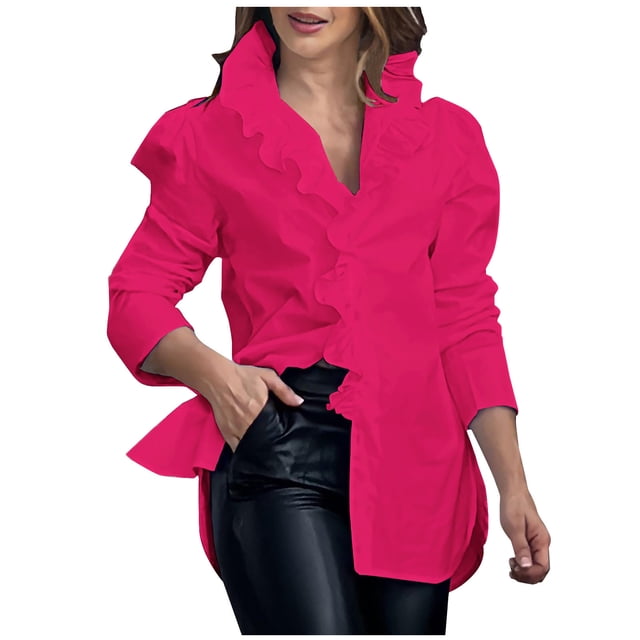 Pompotops Chemise Décontractée à Manches Longues pour Femmes, Col Rabattu, Boutons, Liquidation