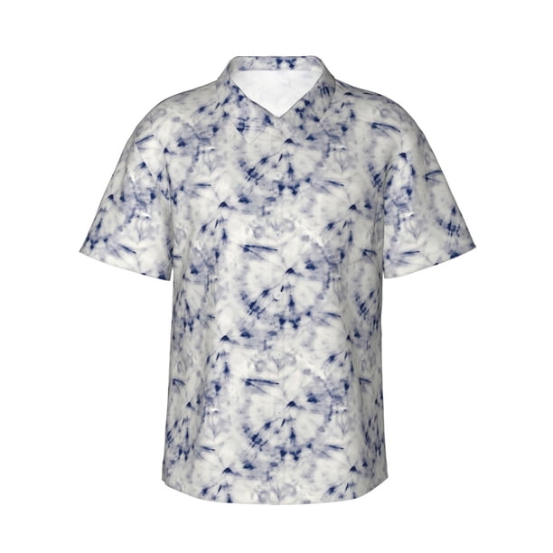 Fotbe Indigo Tie Dye Camisa Hawaiana para Hombre Unisex – Camisa Casual de Verano con Botones de Manga Corta de Algodón y Lino,Small