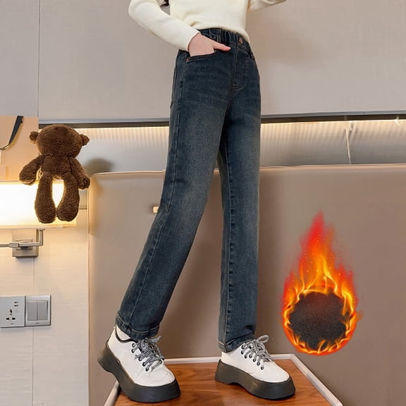MKOSPLRT Fleece Lined Jeans for Girl 4-14Y High Elastic Waist Warm Denim Pants Thick Straight Leg Jeans Retro Jeans with Pocket